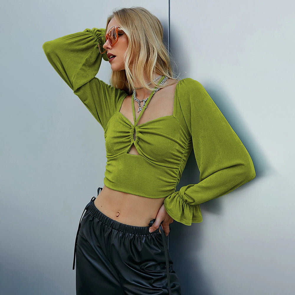 Damen gerafftes Crop-Top mit Herz-Bustier, Knoten-Detail und voluminösen Trompetenärmeln – Avérine