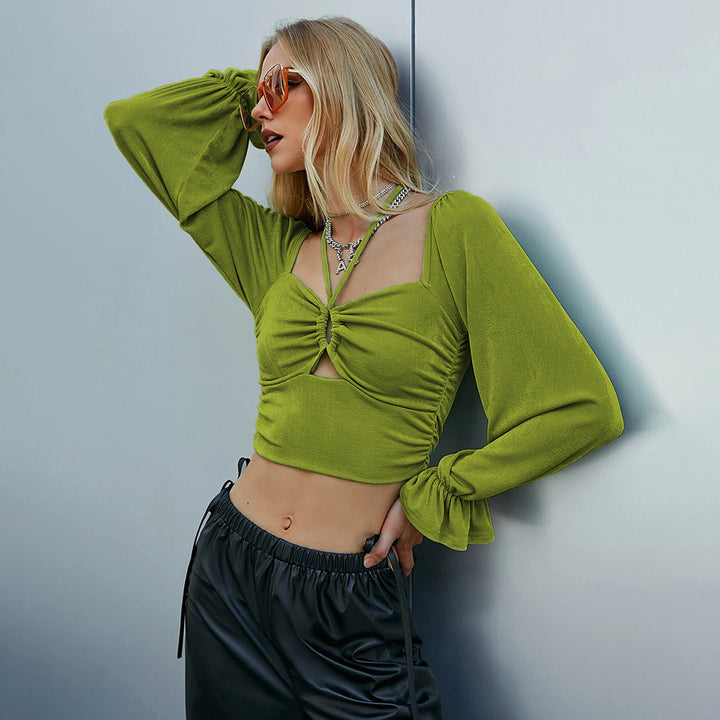 Damen gerafftes Crop-Top mit Herz-Bustier, Knoten-Detail und voluminösen Trompetenärmeln – Avérine