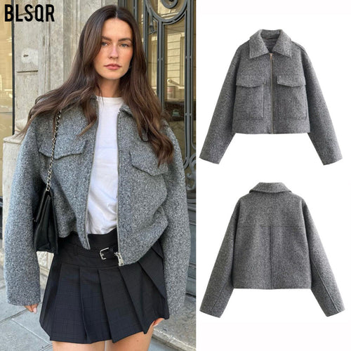 Damen Kurze Wolloptik-Boxyjacke mit Reißverschluss und aufgesetzten Pattentaschen Echo Archiv
