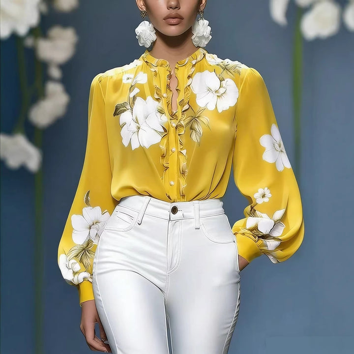Damen Seidenbluse mit Rüschenblende und floraler Applikation – Élovi