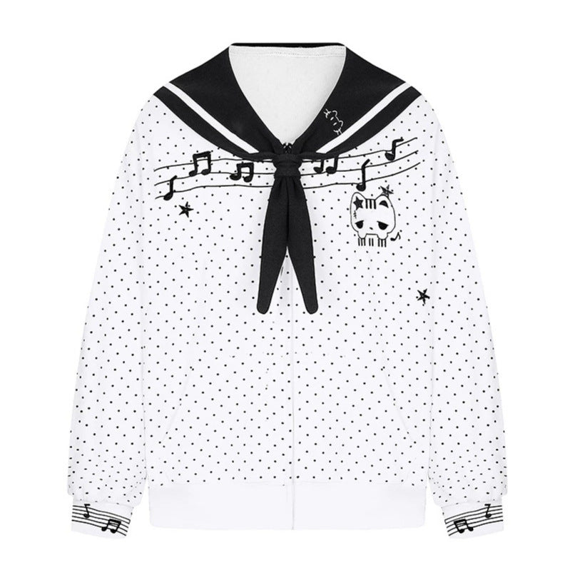 Damen Reißverschluss‑Sweatjacke im Matrosenstil mit Schleifenkragen, Polka‑Dot und Musikmotiv Echoarchiv
