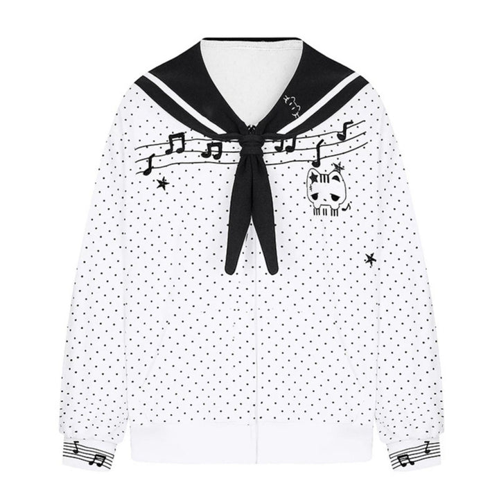 Damen Reißverschluss‑Sweatjacke im Matrosenstil mit Schleifenkragen, Polka‑Dot und Musikmotiv Echoarchiv