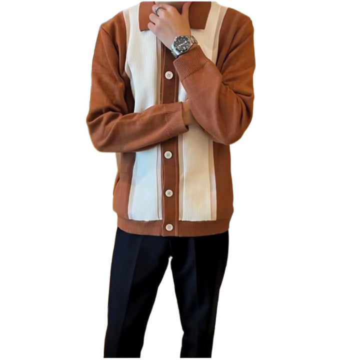 Damen Feinstrick-Cardigan mit Polokragen, kontrastierenden Rippeinsätzen und durchgehender Knopfleiste Echoarchiv