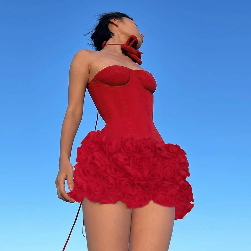 Damen Sexy Minikleid mit Blumenapplikationen und herzförmigem Ausschnitt Echo Archiv