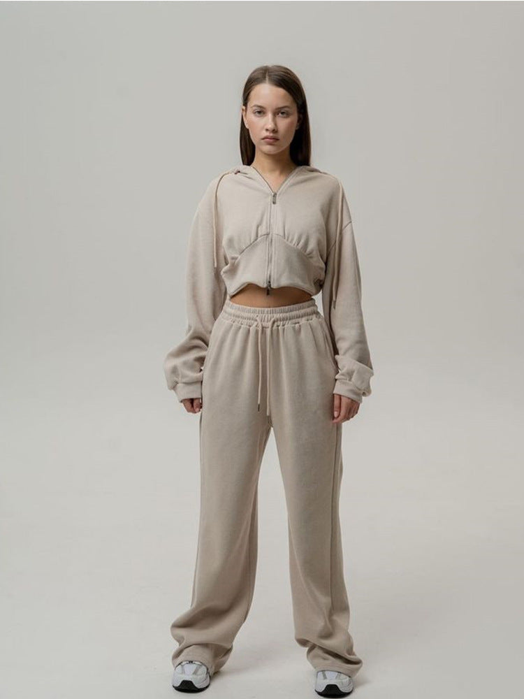 Damen kurzes Reißverschluss-Cropped-Hoodie mit hoher Bund Palazzo-Jogginghose Set – Auréline