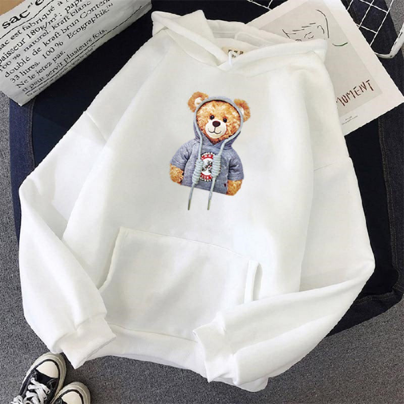 Unisex lässiger Oversize Kapuzenpullover mit Teddy-Frontprint, Kängurutasche und weichem Fleece-Innenfutter – Auréline
