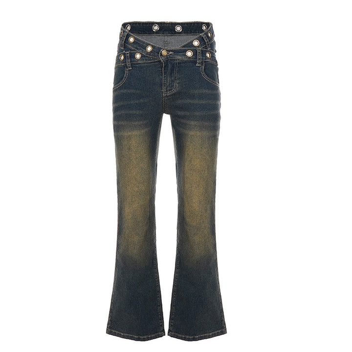 Damen High‑Waist Flared-Jeans mit doppeltem Nietenbund und Used-Effekt Echo Archiv