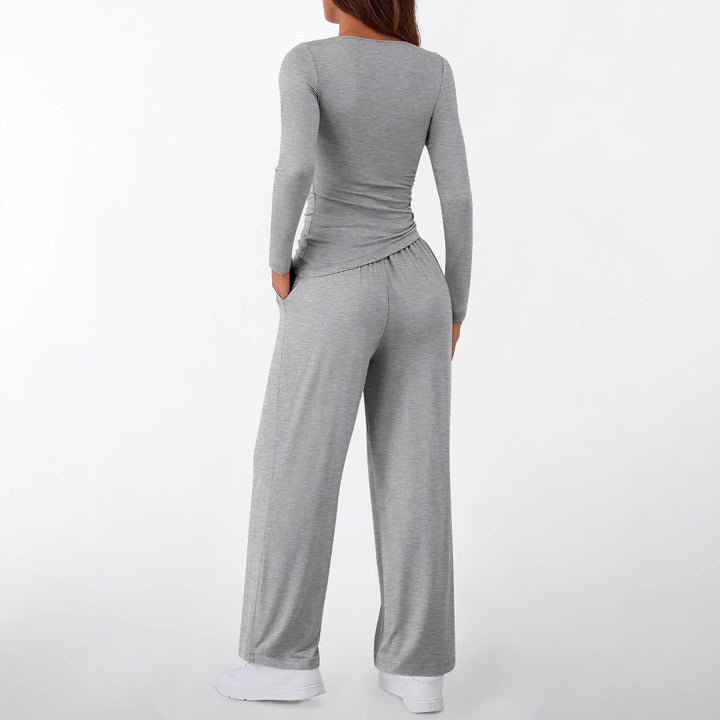 Damen Figurnahes Langarm-Shirt und Palazzo-Jerseyhose Loungewear-Set – Avérine