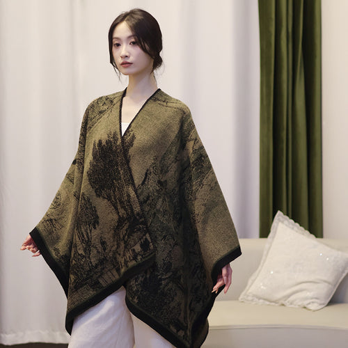 Damen Jacquard‑Strickcape mit strukturierter Weboptik und offener Front Echo Archiv