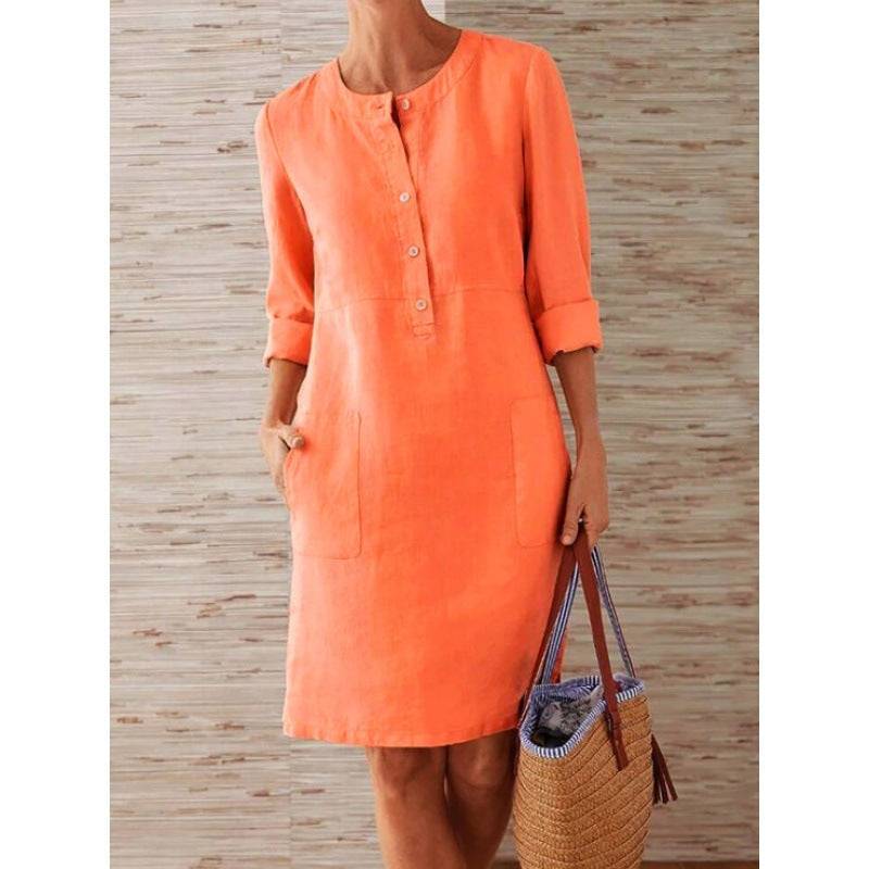 Damen Locker geschnittenes Leinenoptik-Kleid mit dreiviertel-Ärmeln, Knopfleiste und Eingrifftaschen Echo Archiv