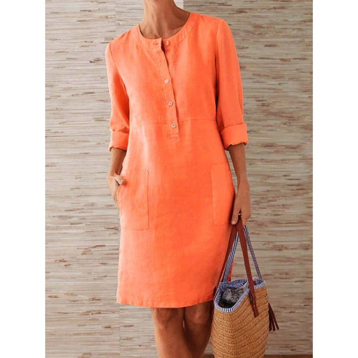 Damen Locker geschnittenes Leinenoptik-Kleid mit dreiviertel-Ärmeln, Knopfleiste und Eingrifftaschen Echo Archiv