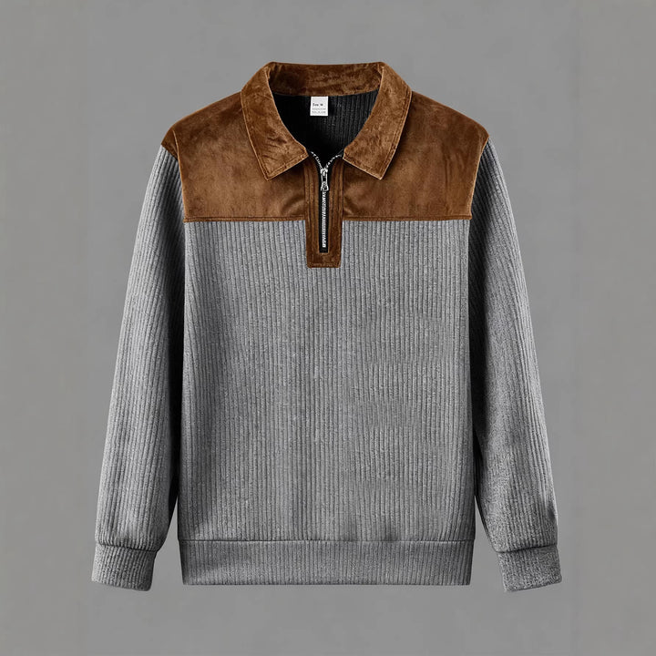 Unisex nan feinstrukturierter Strickpullover mit halbem Reißverschlusskragen und Samtbesatz Echo Archiv