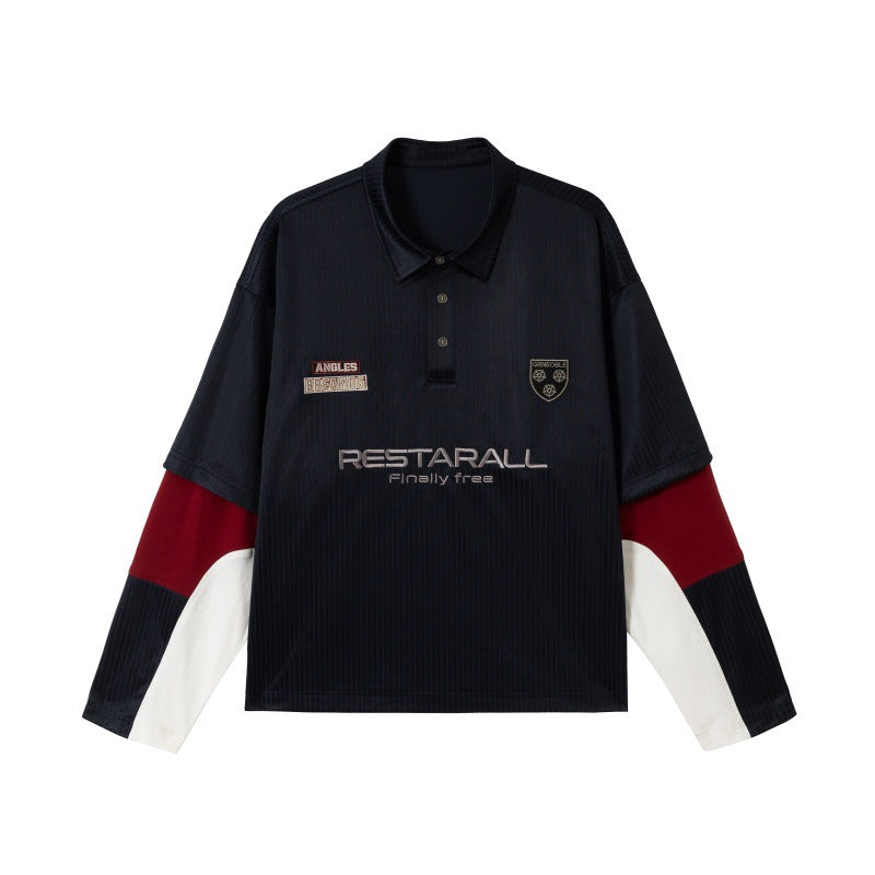 Unisex Langärmeliges Rugby‑Polo im Oversize‑Cut mit Colorblock‑Ärmeln und Logostickerei Echoarchiv