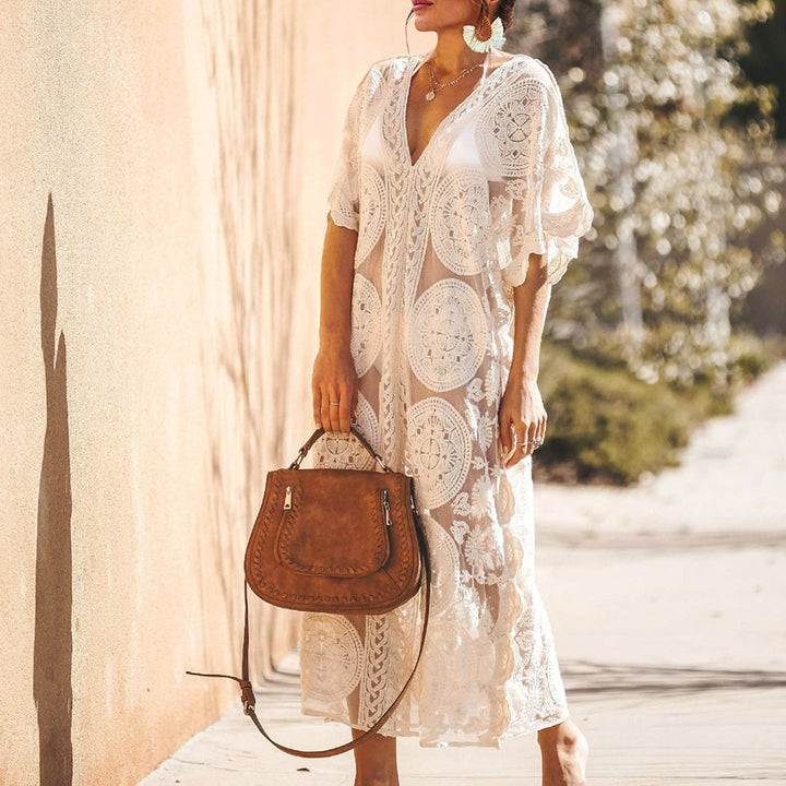 Damen Elegantes Häkel-Strandüberwurfkleid mit voluminösen Ärmeln und V-Ausschnitt Echo Archiv