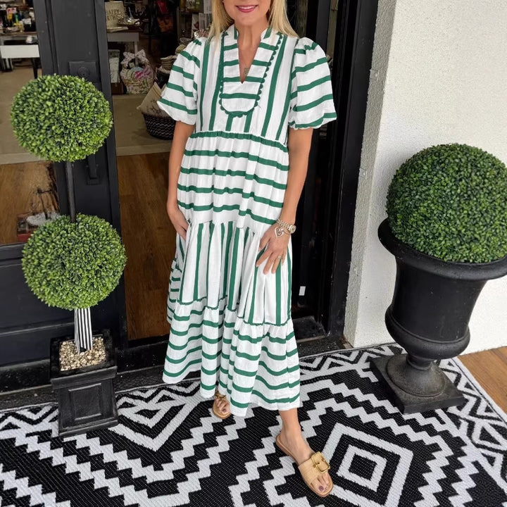 Damen Gestreiftes Maxi-Kleid mit Stufenrock, Rüschenblende und Puffärmeln Echoarchiv