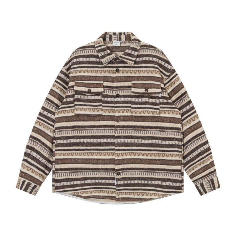 Unisex Oversize-Strickshirtjacke im Ethno‑Streifenmuster mit Pattentaschen Echoarchiv