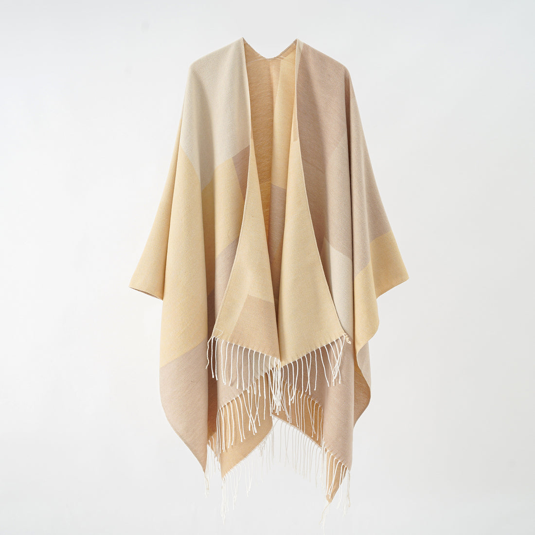 Damen Großer Wolloptik-Poncho mit geometrischem Blockmuster und Fransensaum – Célinea