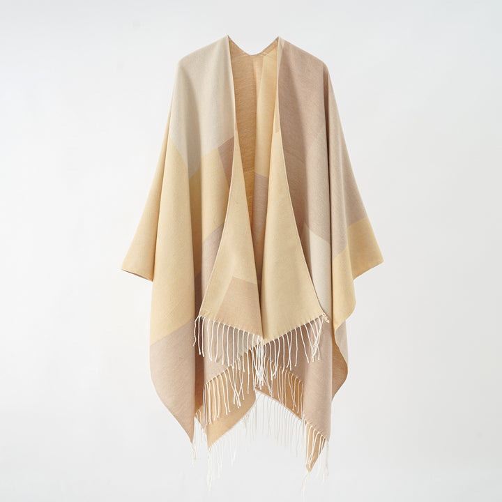Damen Großer Wolloptik-Poncho mit geometrischem Blockmuster und Fransensaum – Célinea
