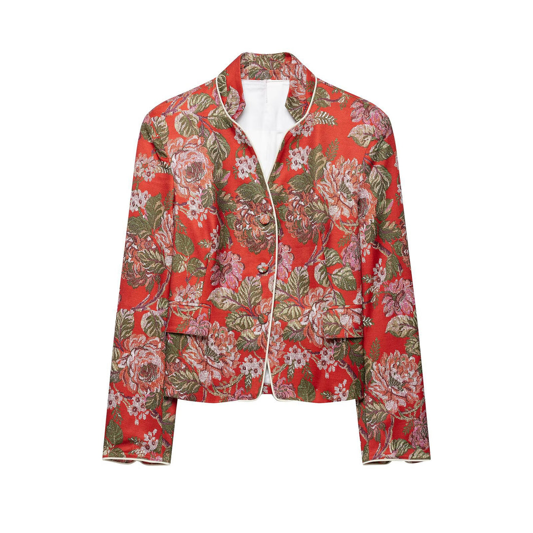 Damen Brokat-Cropped-Blazer mit floraler Jacquardstruktur und Kontrastpaspel Echoarchiv
