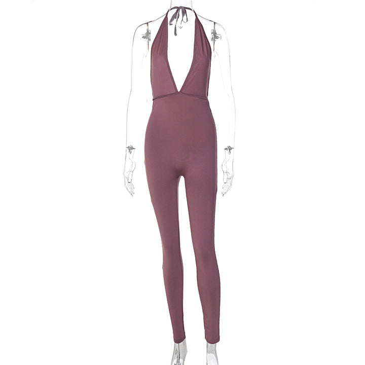 Damen eleganter Jersey-Einteiler mit tiefem Ausschnitt und Bindebändern Echo Archiv