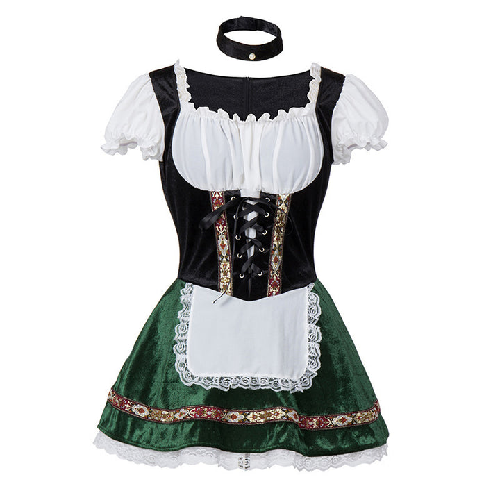 Damen nan kurzes Trachtenkleid im Dirndlstil mit Schnürung, schulterfreiem Carmen-Ausschnitt und Zierschürze Echo Archiv