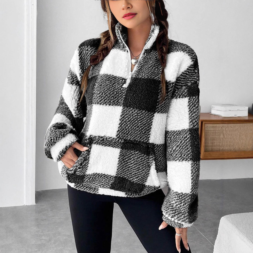 Damen nan kuscheliger Sherpa-Pullover mit Stehkragen, Half-Zip und Kängurutasche Echo Archiv