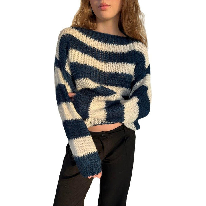 Damen Grobstrick-Pullover mit weitem Boot-Ausschnitt und Cropped-Passform Echoarchiv