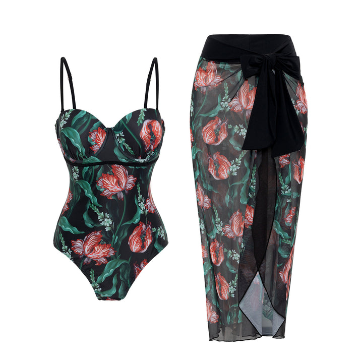 Damen Bademode mit floralem Muster und transparenter Sarong-Hülle Echo Archiv