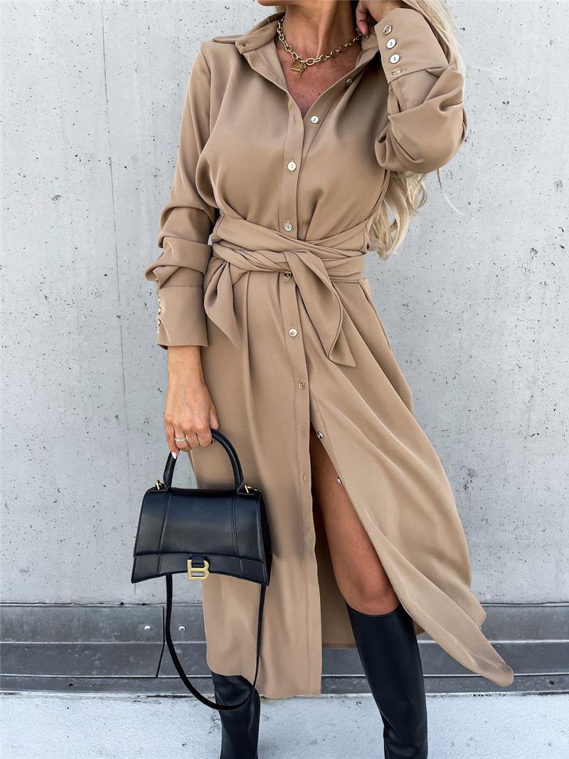 Damen Tailliertes Hemdblusen-Midikleid mit Bindegürtel, Manschetten und Frontschlitz Echoarchiv