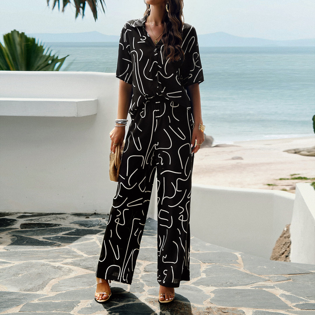 Damen Lässiges Zweiteiliges Set mit weitem Hosen-Design und elegantem Oberteil Echo Archiv