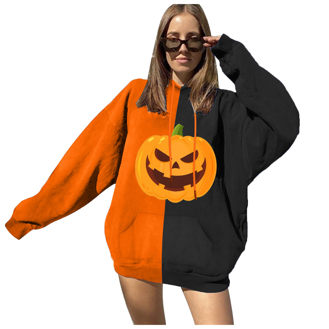 Damen Oversize Kapuzenpullover mit Halloween Kürbisdruck und Kängurutasche – Auréline