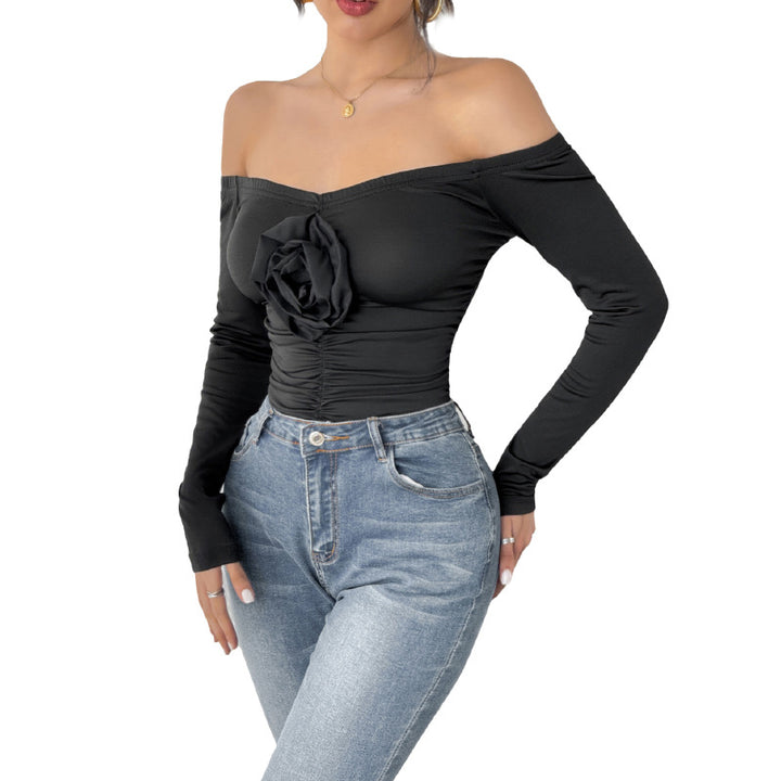 Damen Schulterfreies Longsleeve mit Rosenapplikation und taillierter Raffung Echoarchiv