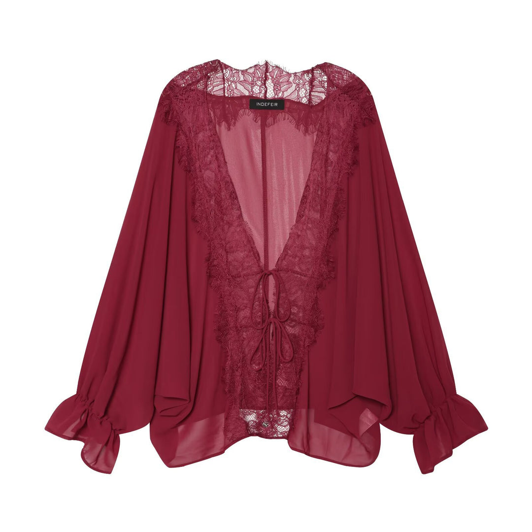 Damen Kaftan-Bluse mit Spitzenkante, Bindeband und Ballonärmeln Echo Archiv