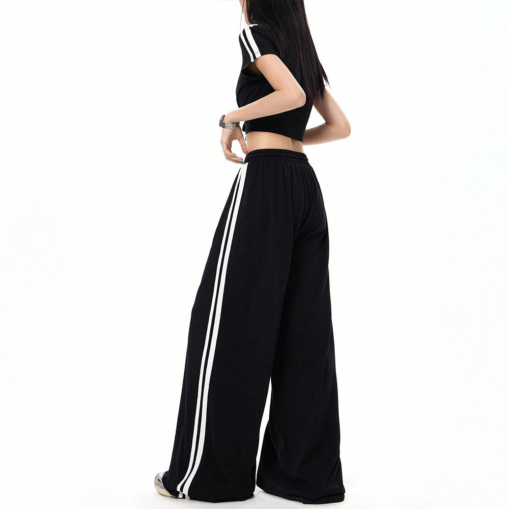 Damen lässige Highwaist weite Sweathose mit elastischem Bund, Tunnelzug und seitlichen Kontraststreifen – Avérine