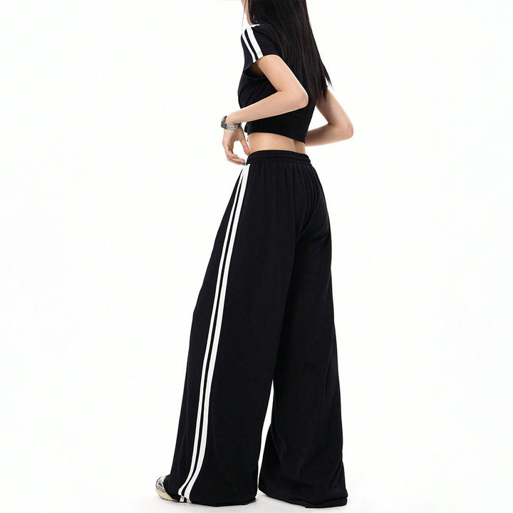 Damen lässige Highwaist weite Sweathose mit elastischem Bund, Tunnelzug und seitlichen Kontraststreifen – Avérine