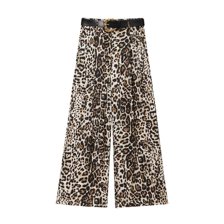 Damen High‑Waist Palazzo‑Hose mit Leoparden‑Print, weitem Bein und Ziergürtel Echo Archiv