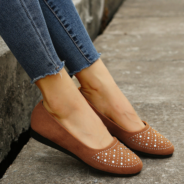 Damen flache Ballerina-Slipper aus Veloursimitat mit Strassapplikation und gepolsterter Komfortinnensohle – Avérine