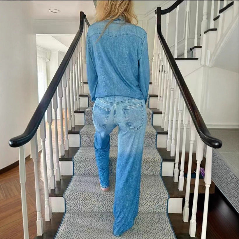 Damen Entspanntes Denim Loungewear-Set mit Übergröße Hemd und Weiten Schlaghosen Echoarchiv