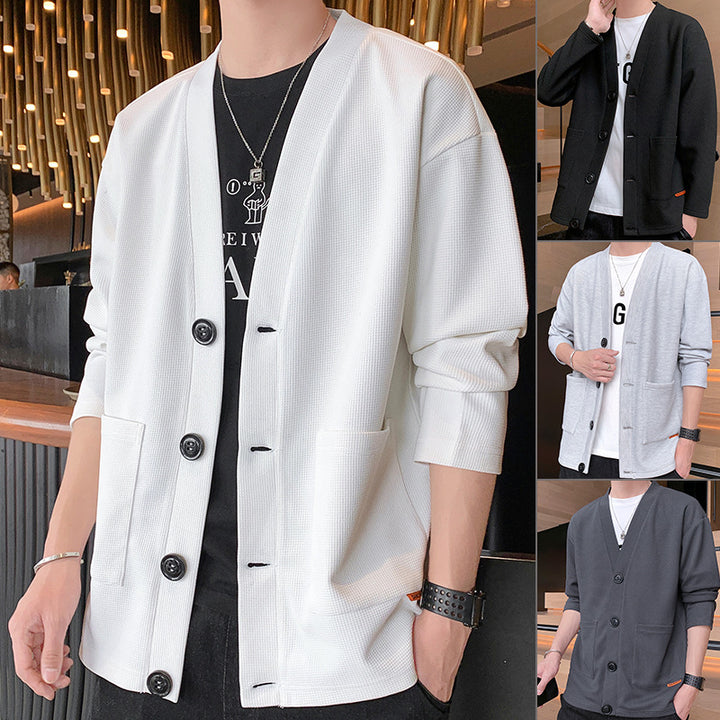 Herren Strukturierter Waffelstrick-Kurzcardigan mit aufgesetzten Taschen – Taviero