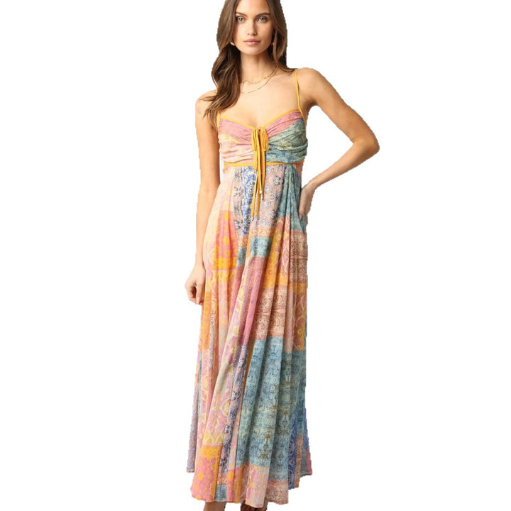 Damen nan bodenlanges Maxikleid mit gerafftem Bustier, Tunnelzug und Patchwork-Print Echo Archiv