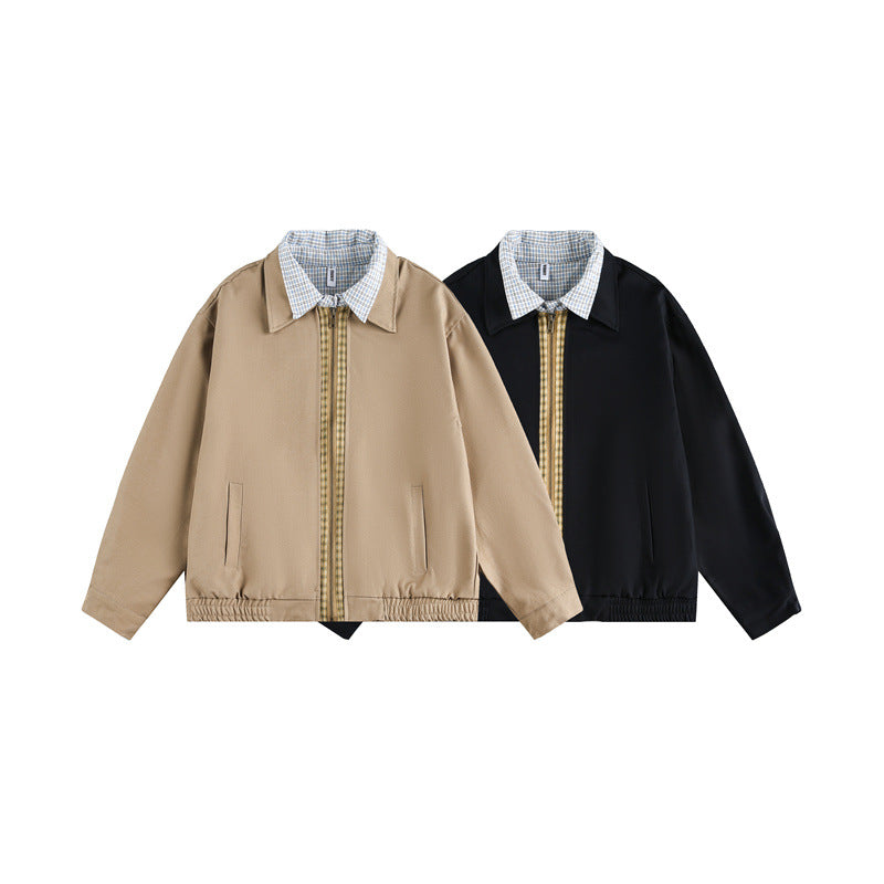 Unisex Boxy-Blousonjacke mit kontrastierender Reißverschlussleiste und kariertem Innenkragen Echoarchiv