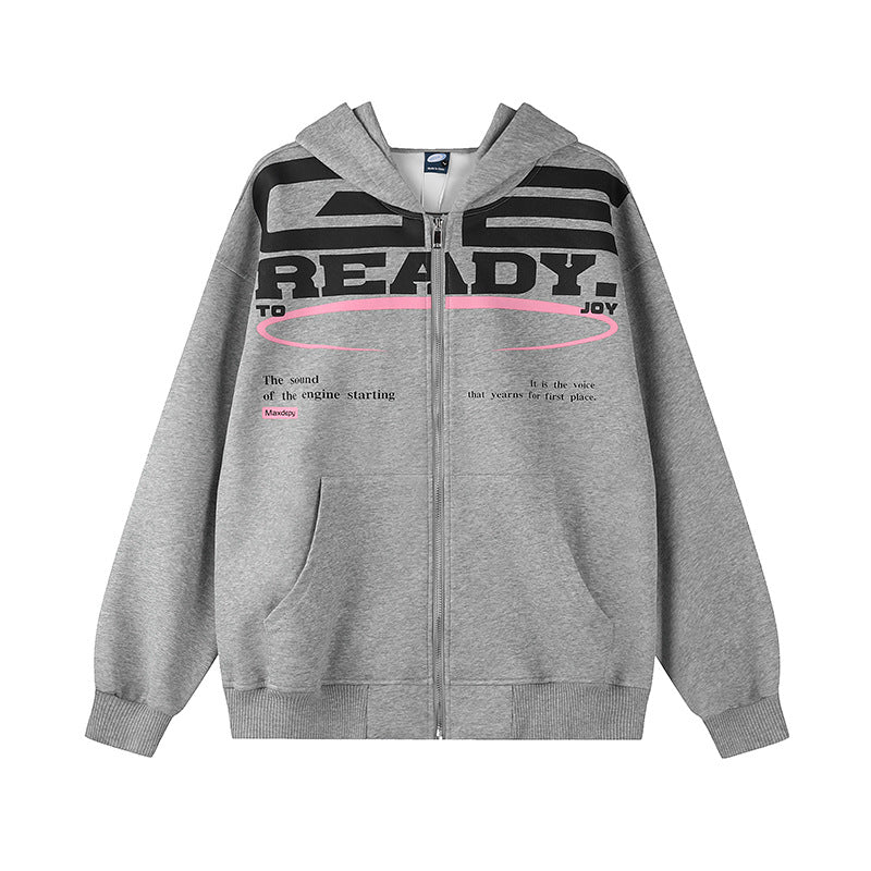 Damen Kapuzen-Sweatjacke mit durchgehendem Reißverschluss, Oversize-Schnitt und Statement-Frontprint Echoarchiv