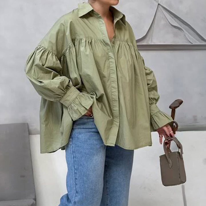 Damen weites Oversize-Hemd mit geraffter Schulterpasse und Ballonärmeln – Élovi