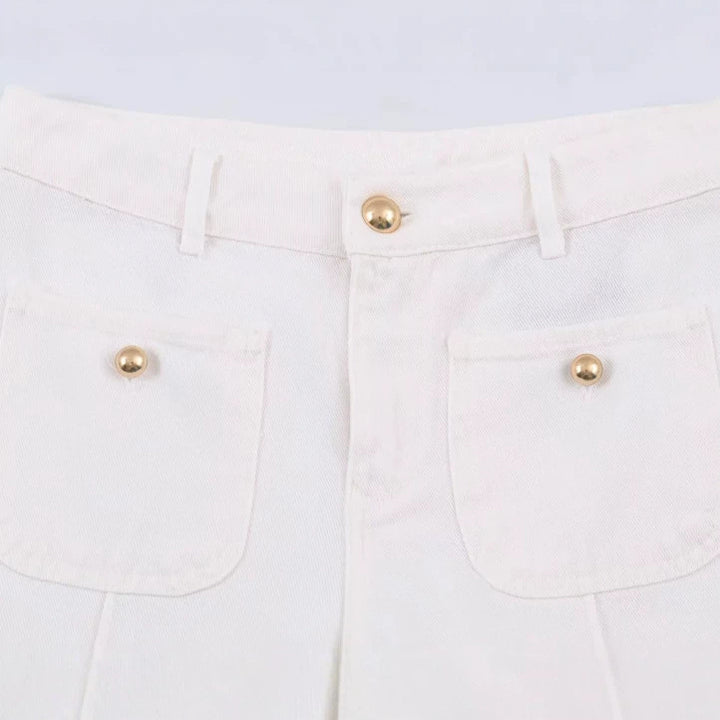 Damen Hochtaillierte weite Leinenhose mit Bügelfalte und aufgesetzten Taschen Echo Archiv