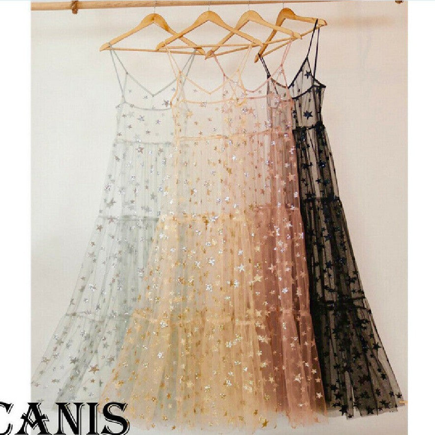 Damen Transparente Maxikleid aus Chiffon mit Sternen-Design und mehrlagigem Saum Echo Archiv