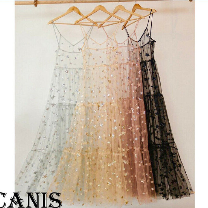 Damen Transparente Maxikleid aus Chiffon mit Sternen-Design und mehrlagigem Saum Echo Archiv