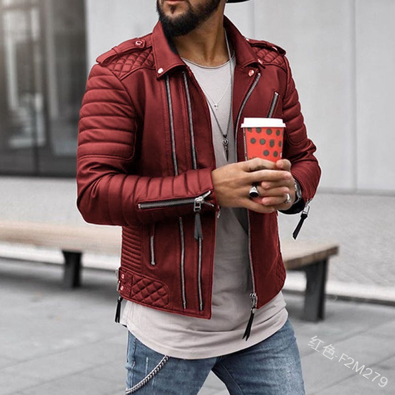 Herren modische Kunstleder-Bikerjacke mit Steppdetail und funktionalen Reißverschlusstaschen Echoarchiv