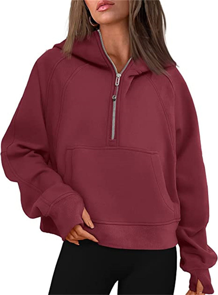 Damen Oversize-Hoodie mit halbem Reißverschluss, Kängurutasche und Daumenlöchern – Auréline