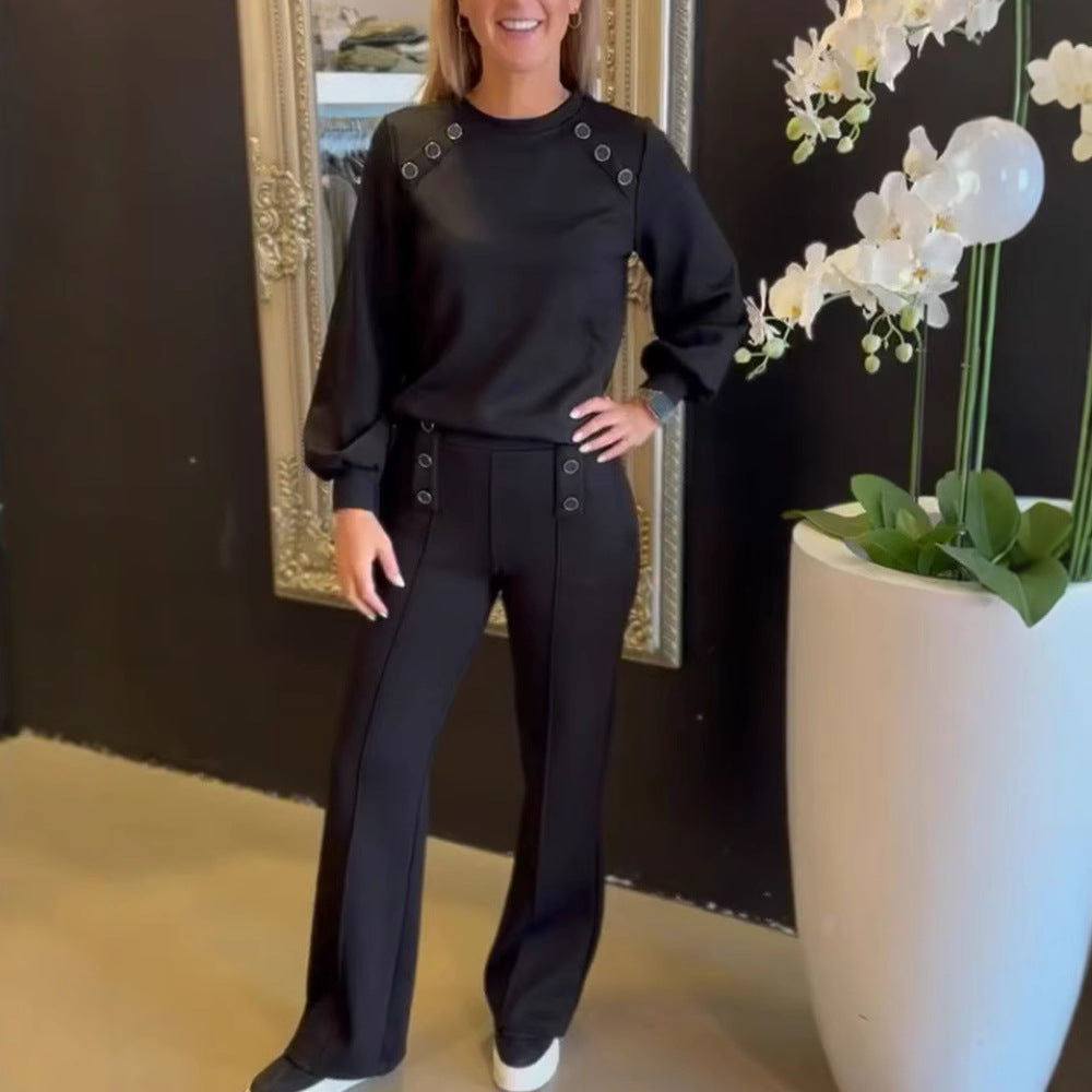 Damen nan sportlich-elegantes Jersey-Zweiteiler mit Ösenverzierung, hochgeschnittener Bundhose im Marlene-Schnitt Echo Archiv