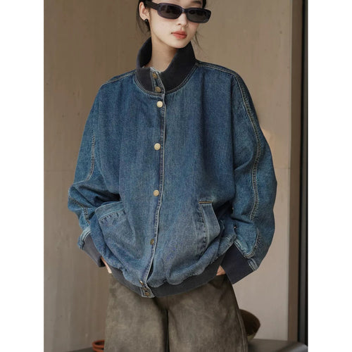 Damen Oversized Jeans-Bomberjacke mit Rippkragen und Druckknopffront Echoarchiv